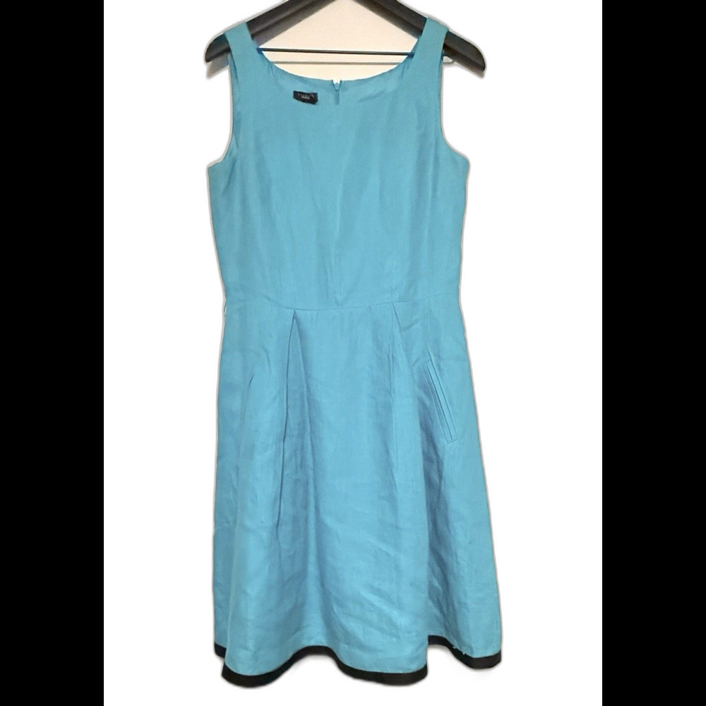 Talbots 100% Irish Linen A-Line Dress Sz 10 Turquoise Black Minimalist Career